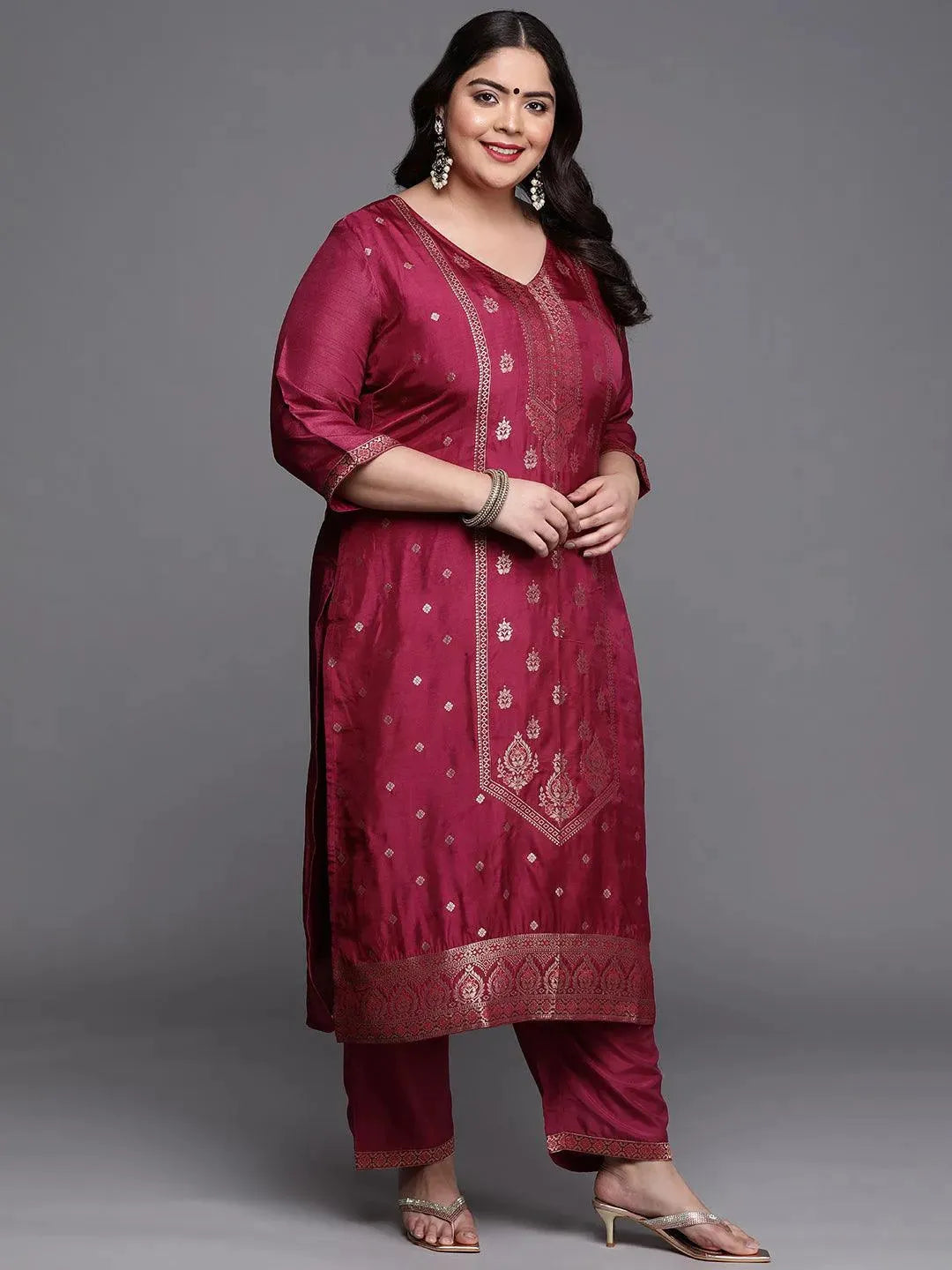 Plus Size Purple Self Design Silk Blend Suit Set - Libas 