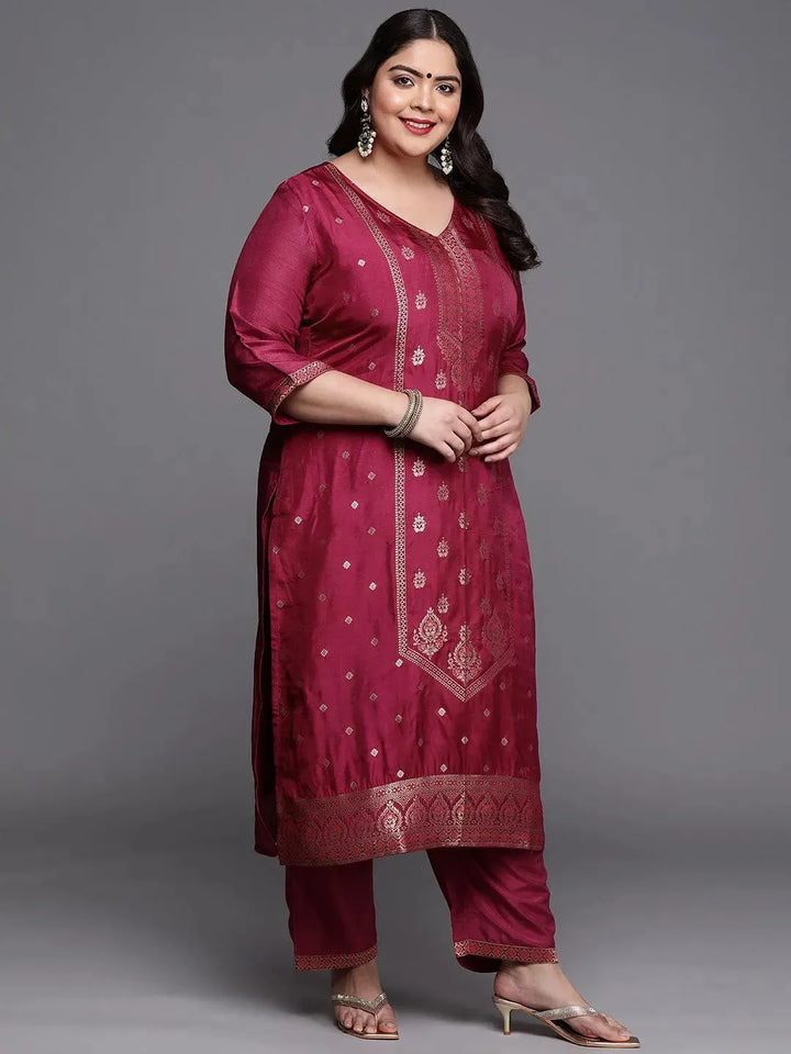 Plus Size Purple Self Design Silk Blend Suit Set - Libas