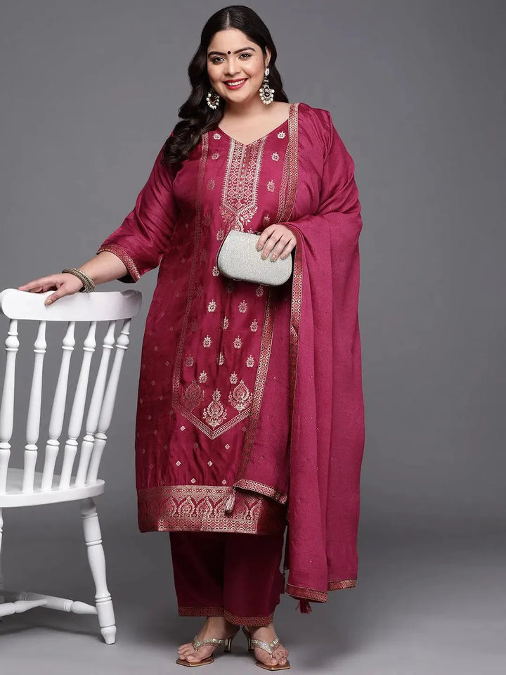 Plus Size Purple Self Design Silk Blend Suit Set - Libas