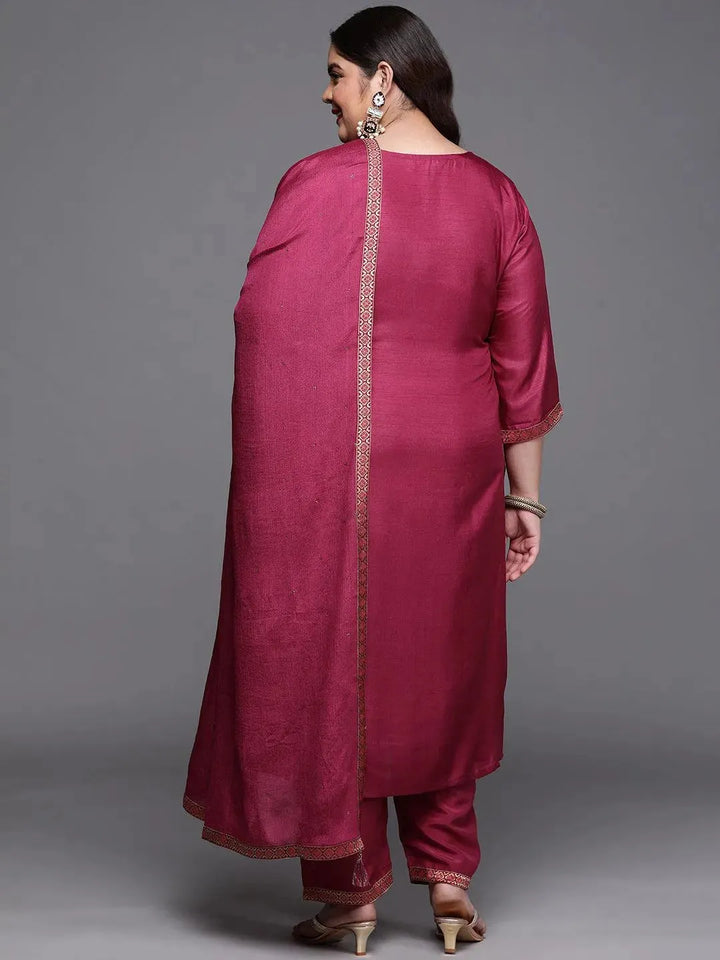 Plus Size Purple Self Design Silk Blend Suit Set - Libas
