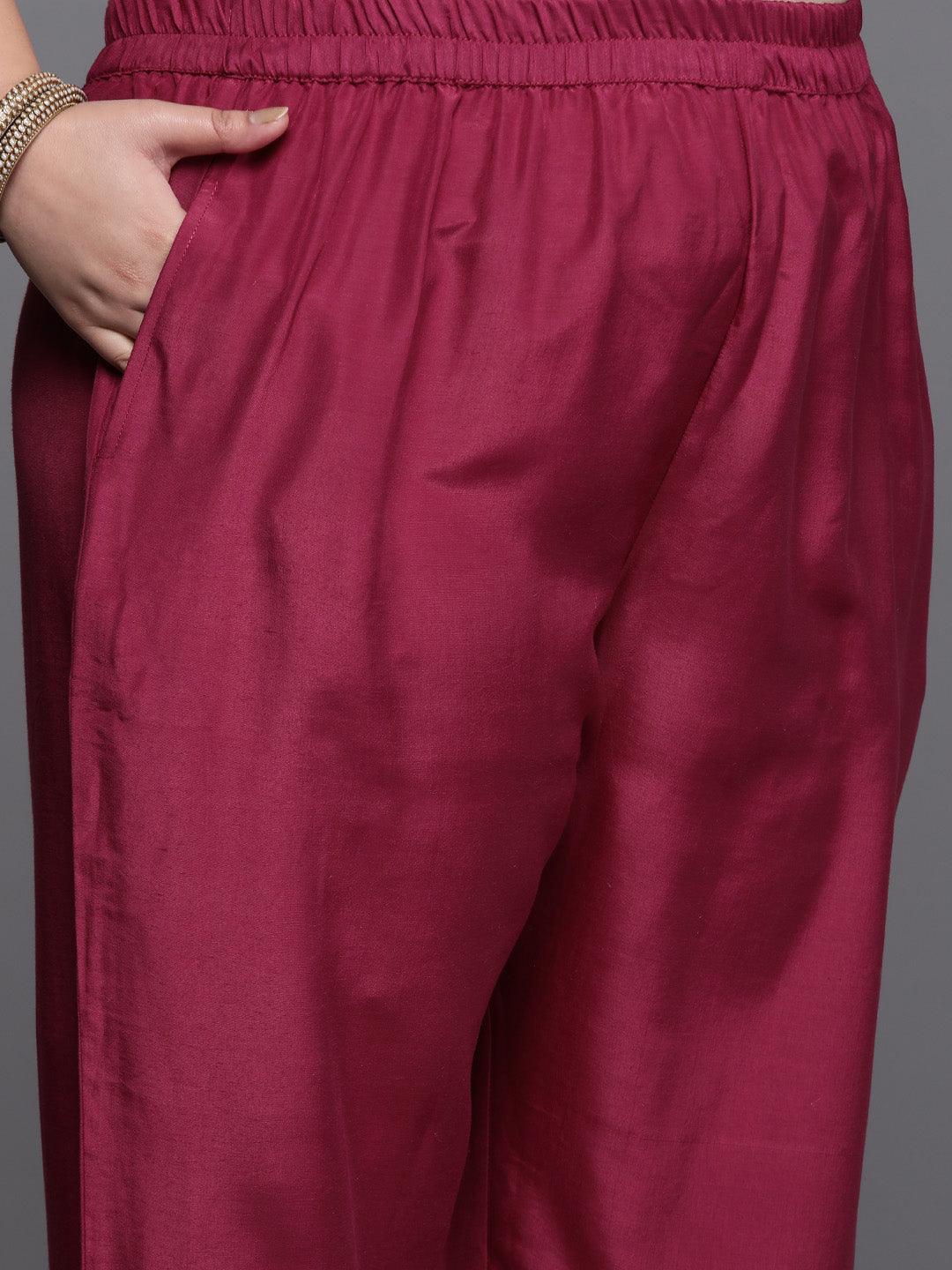 Plus Size Purple Self Design Silk Blend Suit Set - Libas