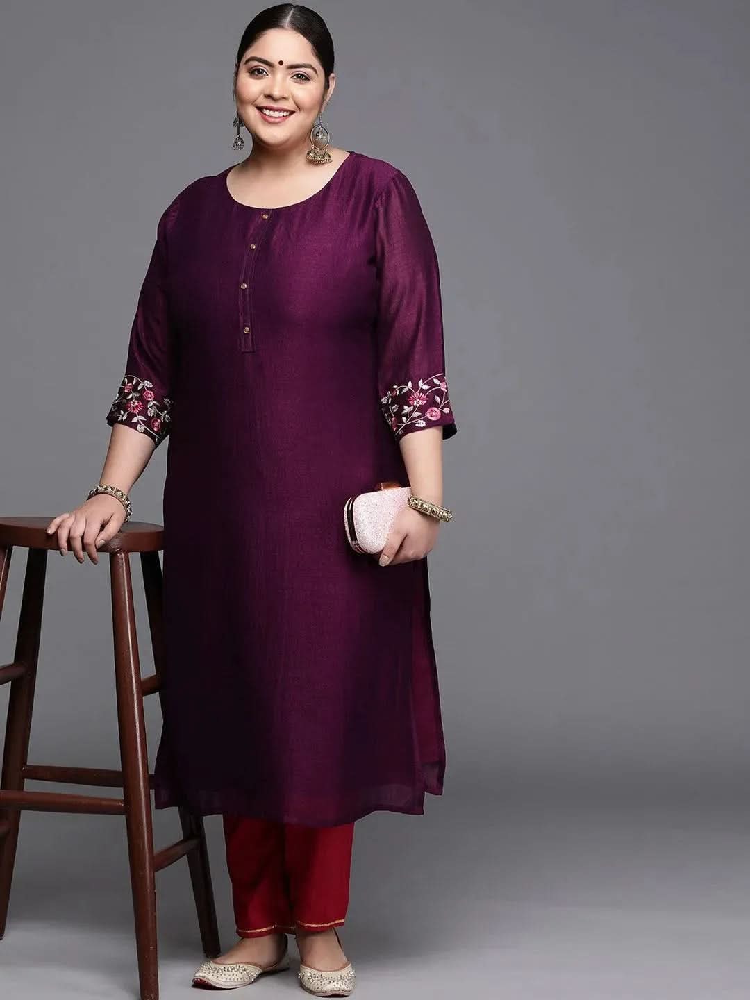 Plus Size Purple Solid Silk Kurta - Libas 