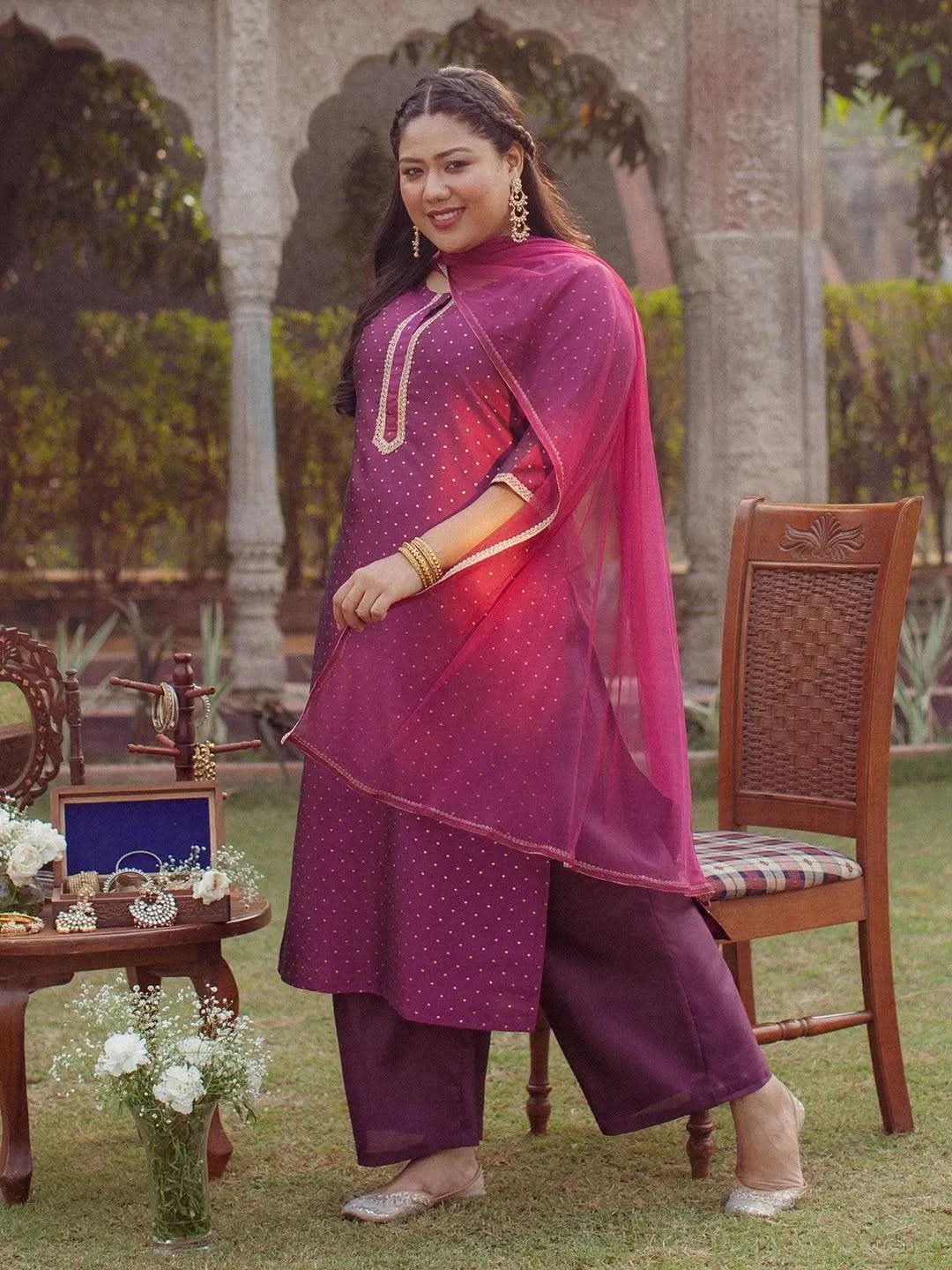 

Plus Size Purple Woven Design Art Silk Straight Kurta With Palazzos & Dupatta