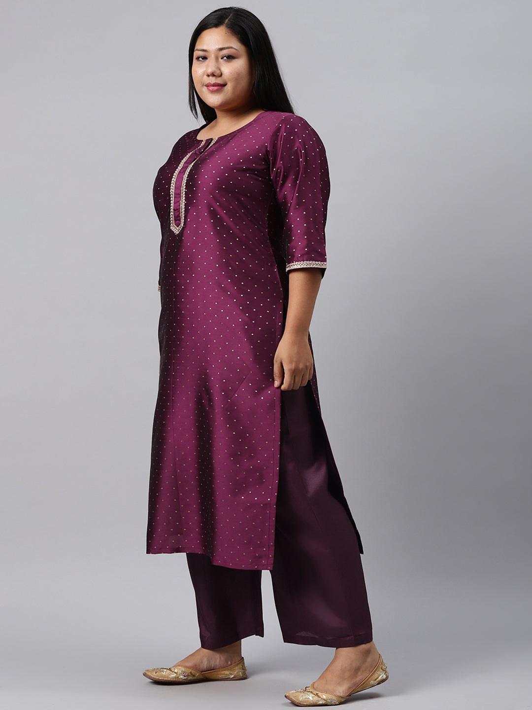 Plus Size Purple Woven Design Art Silk Straight Kurta With Palazzos & Dupatta