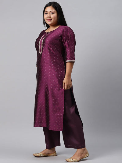 Plus Size Purple Woven Design Art Silk Suit Set - Libas