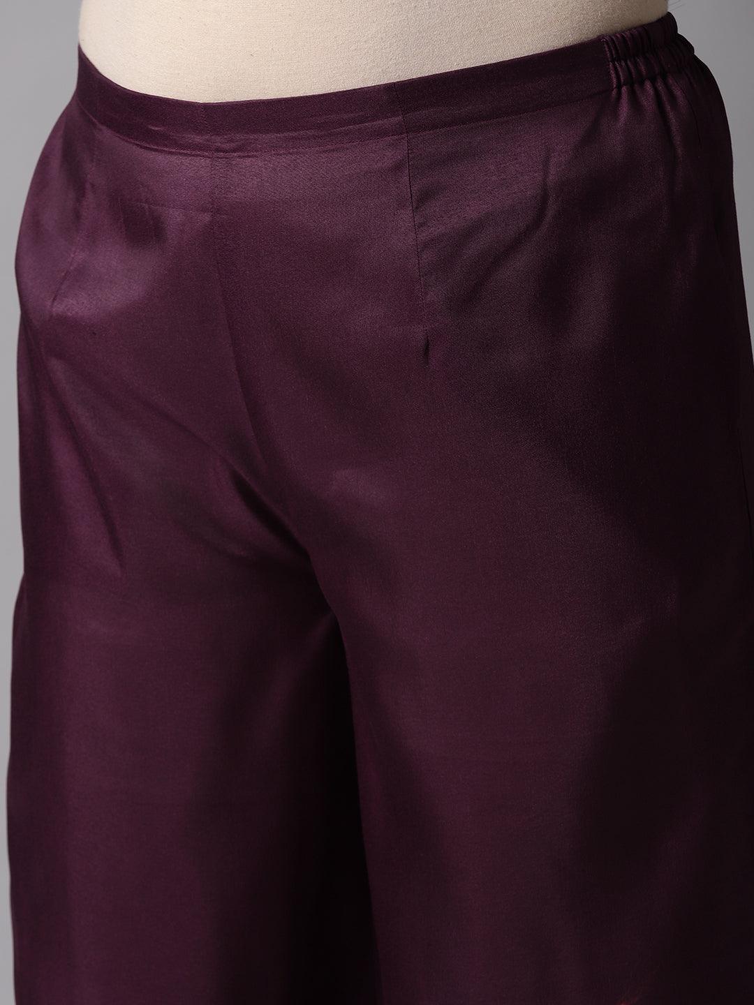 Plus Size Purple Woven Design Art Silk Straight Kurta With Palazzos & Dupatta