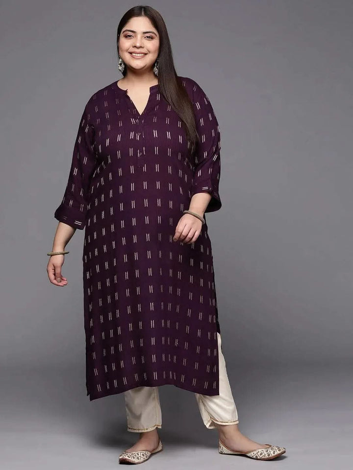 Plus Size Purple Woven Design Rayon Straight Kurta - Libas