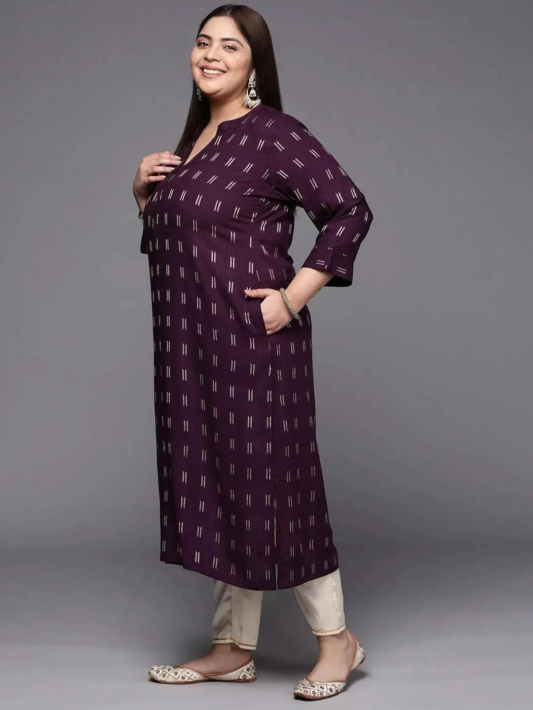 Plus Size Purple Woven Design Rayon Straight Kurta - Libas