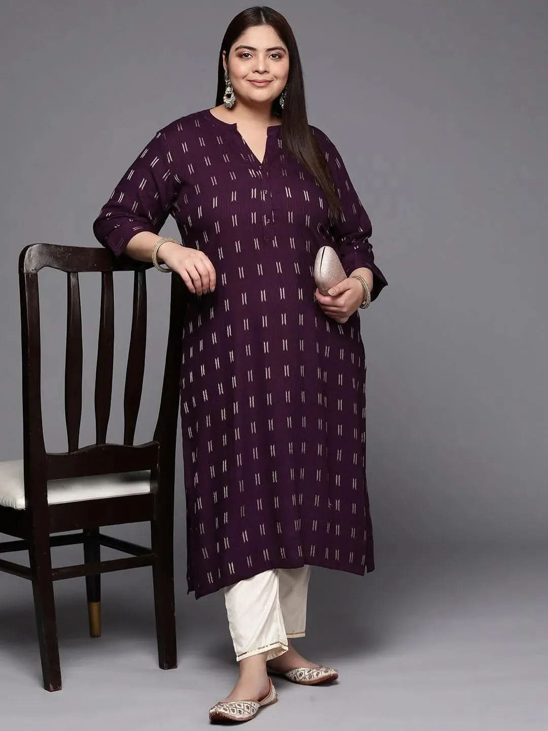 Plus Size Purple Woven Design Rayon Straight Kurta - Libas 