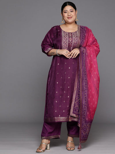 Plus Size Purple Woven Design Silk Blend Straight Suit Set - Libas