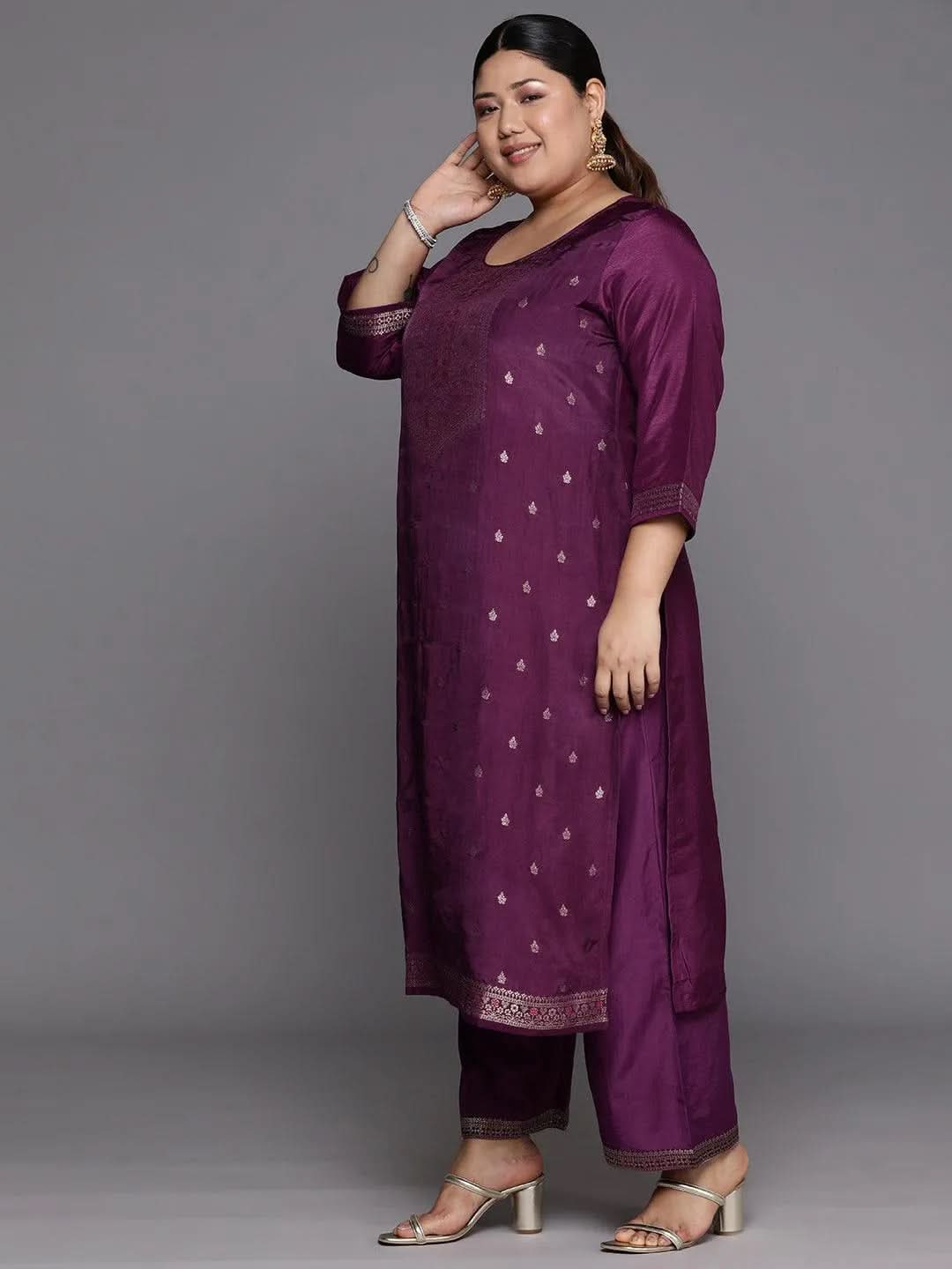 Plus Size Purple Woven Design Silk Blend Straight Suit Set - Libas 