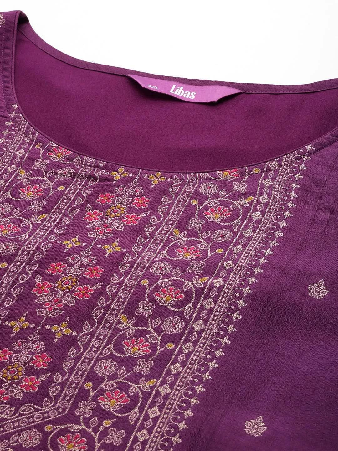 Plus Size Purple Woven Design Silk Blend Straight Suit Set - Libas 