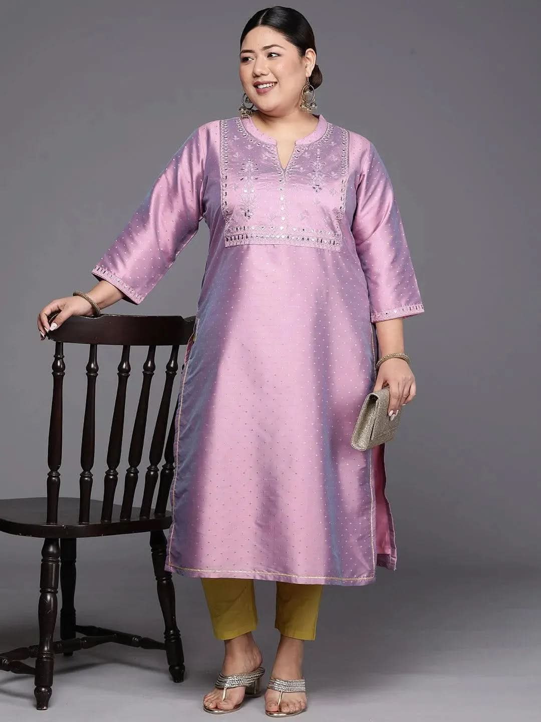 Plus Size Purple Yoke Design Art Silk Straight Kurta - Libas