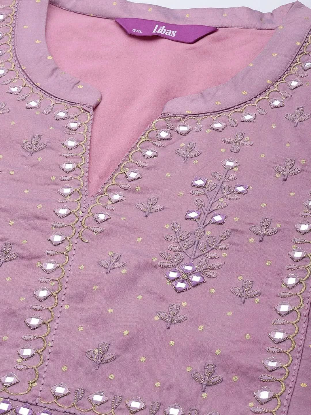 Plus Size Purple Yoke Design Art Silk Straight Kurta - Libas 
