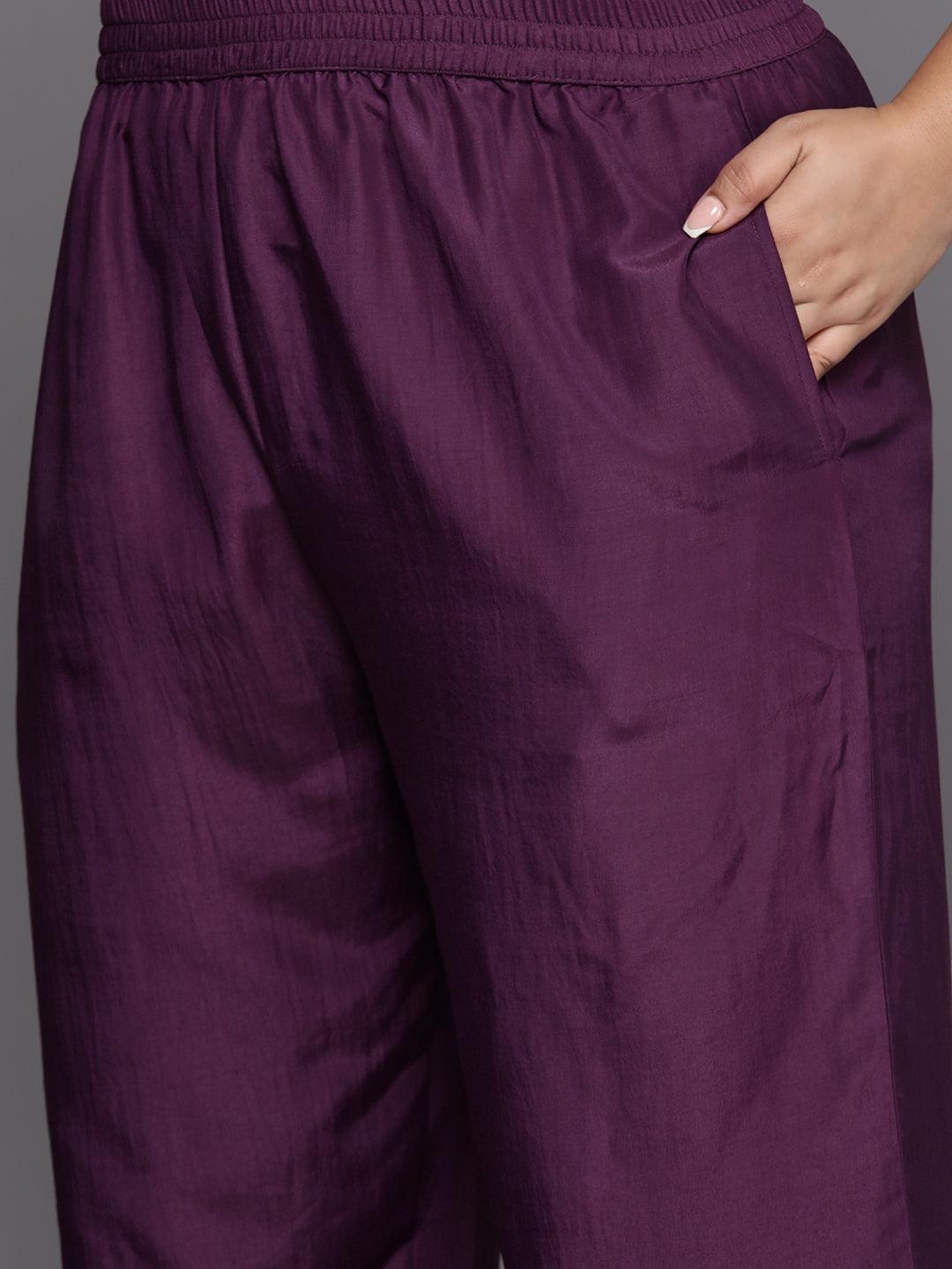 Plus Size Purple Yoke Design Chiffon Straight Kurta With Trousers & Dupatta - Libas