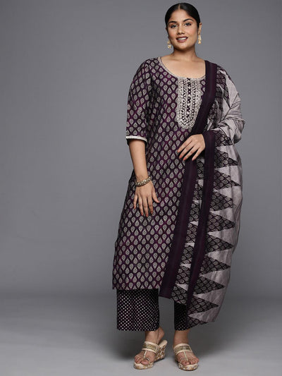 Plus Size Purple Yoke Design Silk Blend Straight Kurta With Trousers & Dupatta - Libas