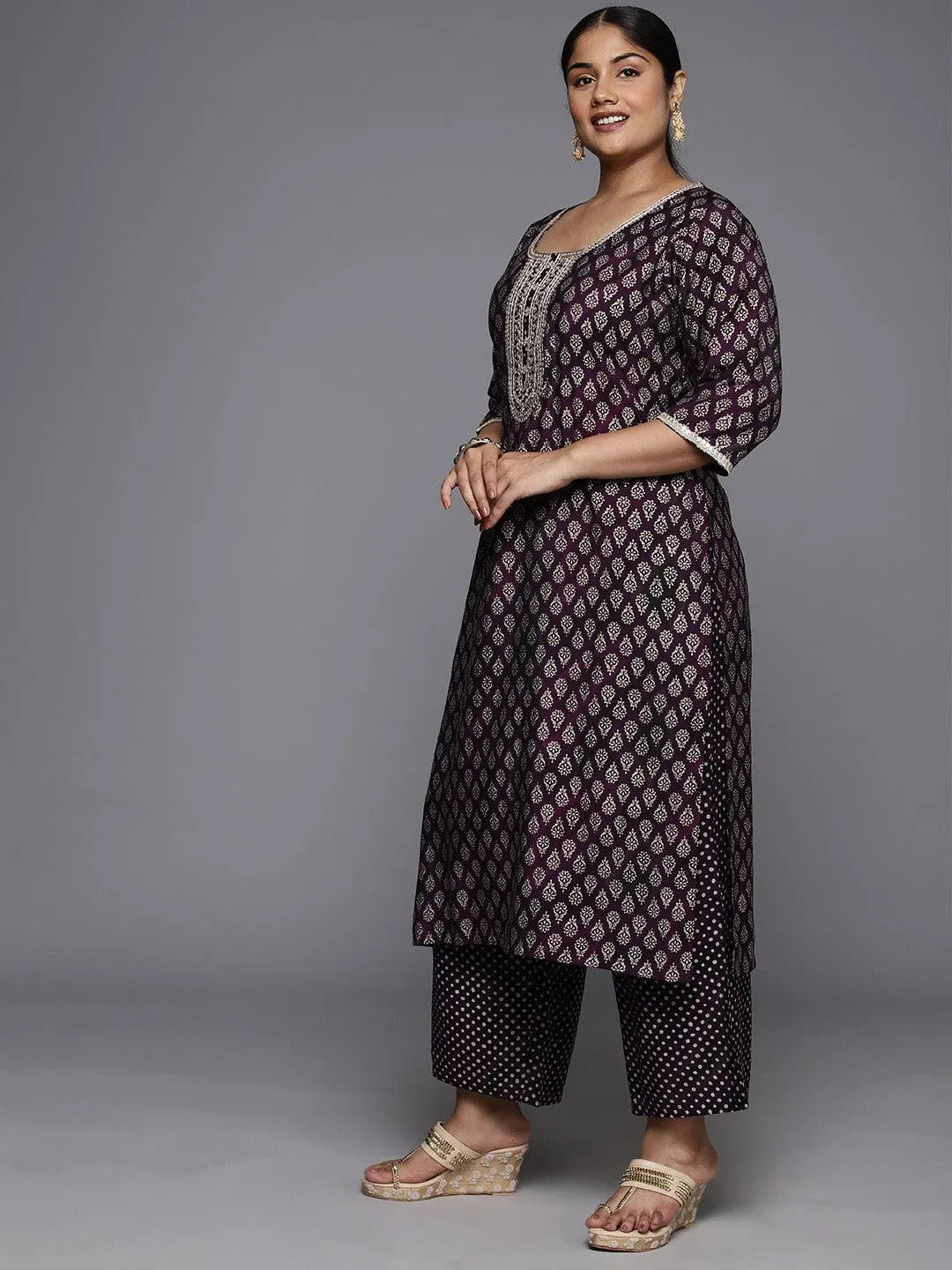 Plus Size Purple Yoke Design Silk Blend Straight Kurta With Trousers & Dupatta - Libas 