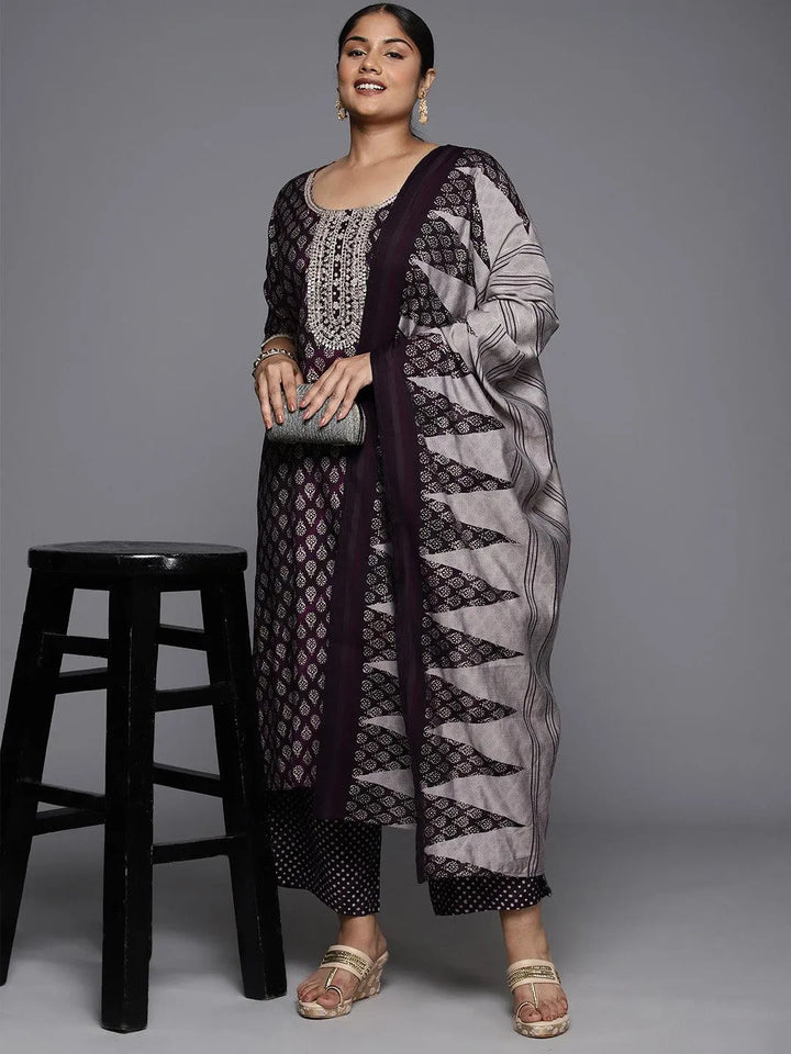 Plus Size Purple Yoke Design Silk Blend Straight Kurta With Trousers & Dupatta - Libas