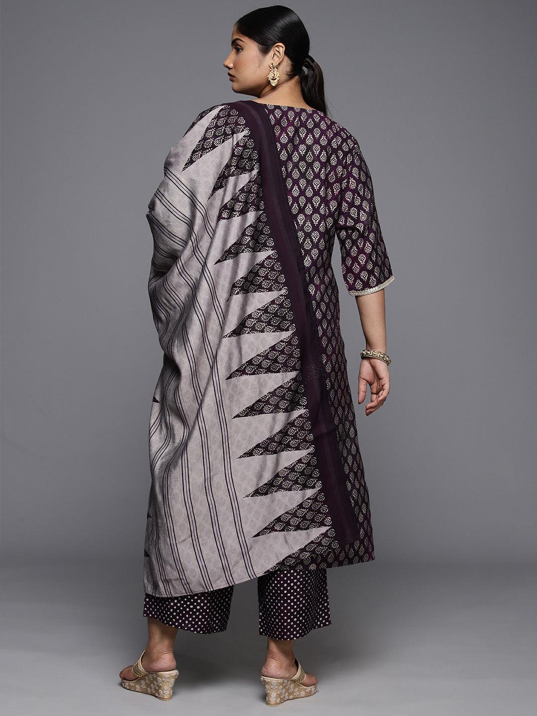 Plus Size Purple Yoke Design Silk Blend Straight Suit With Dupatta