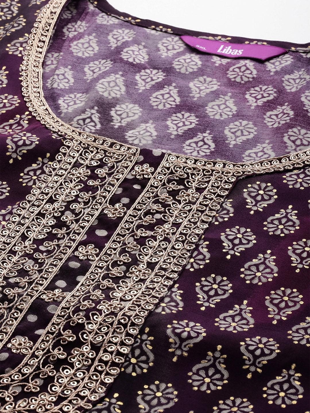 Plus Size Purple Yoke Design Silk Blend Straight Kurta With Trousers & Dupatta - Libas