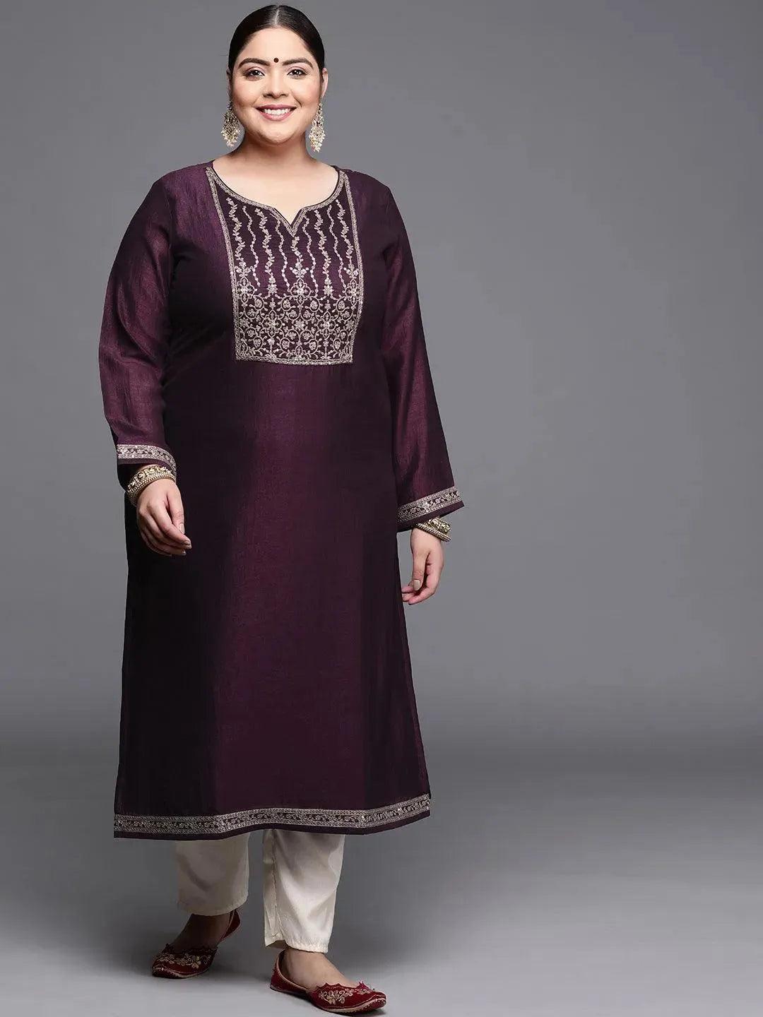 Plus Size Purple Yoke Design Silk Kurta - Libas