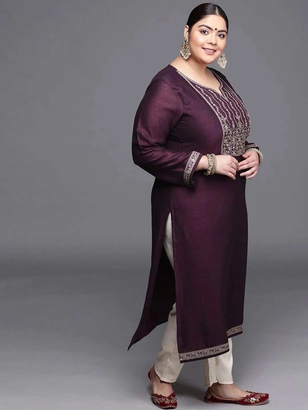 Plus Size Purple Yoke Design Silk Kurta - Libas