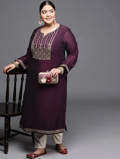 Plus Size Purple Yoke Design Silk Kurta - Libas