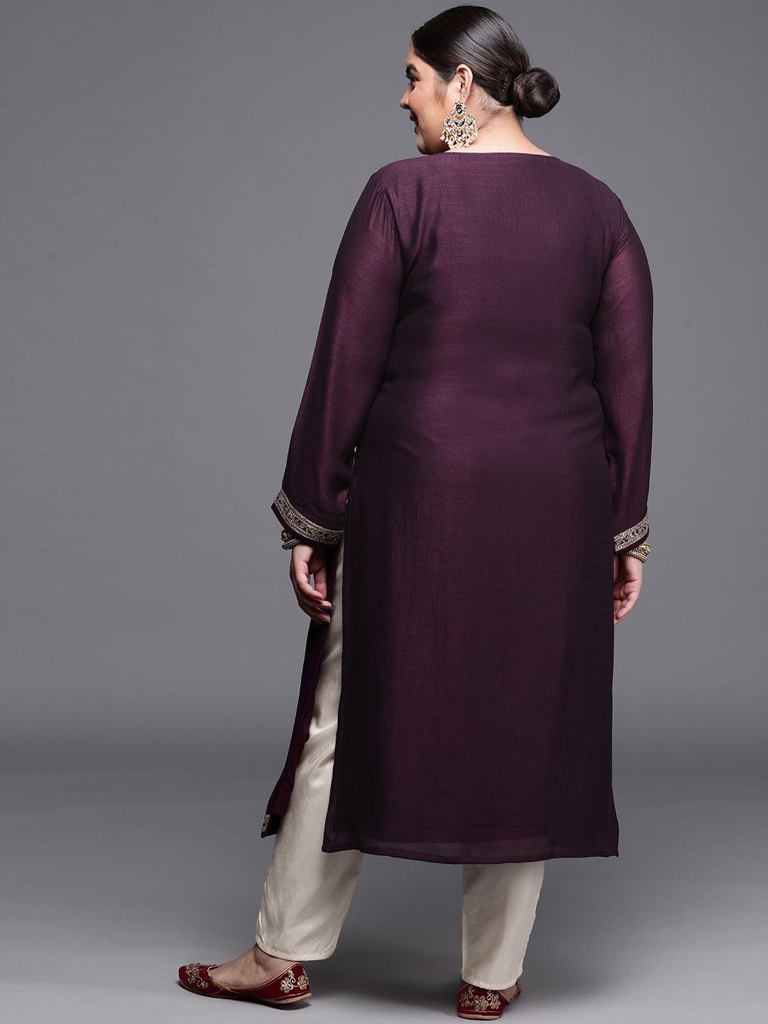 Plus Size Purple Yoke Design Silk Kurta