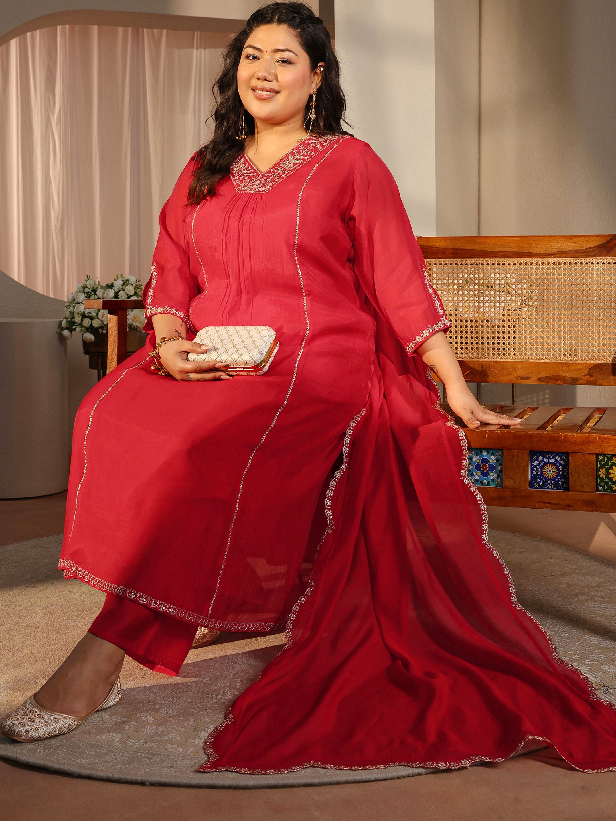 libas Plus Size Red Embellished Silk Blend A-Line Suit Set-picture-36