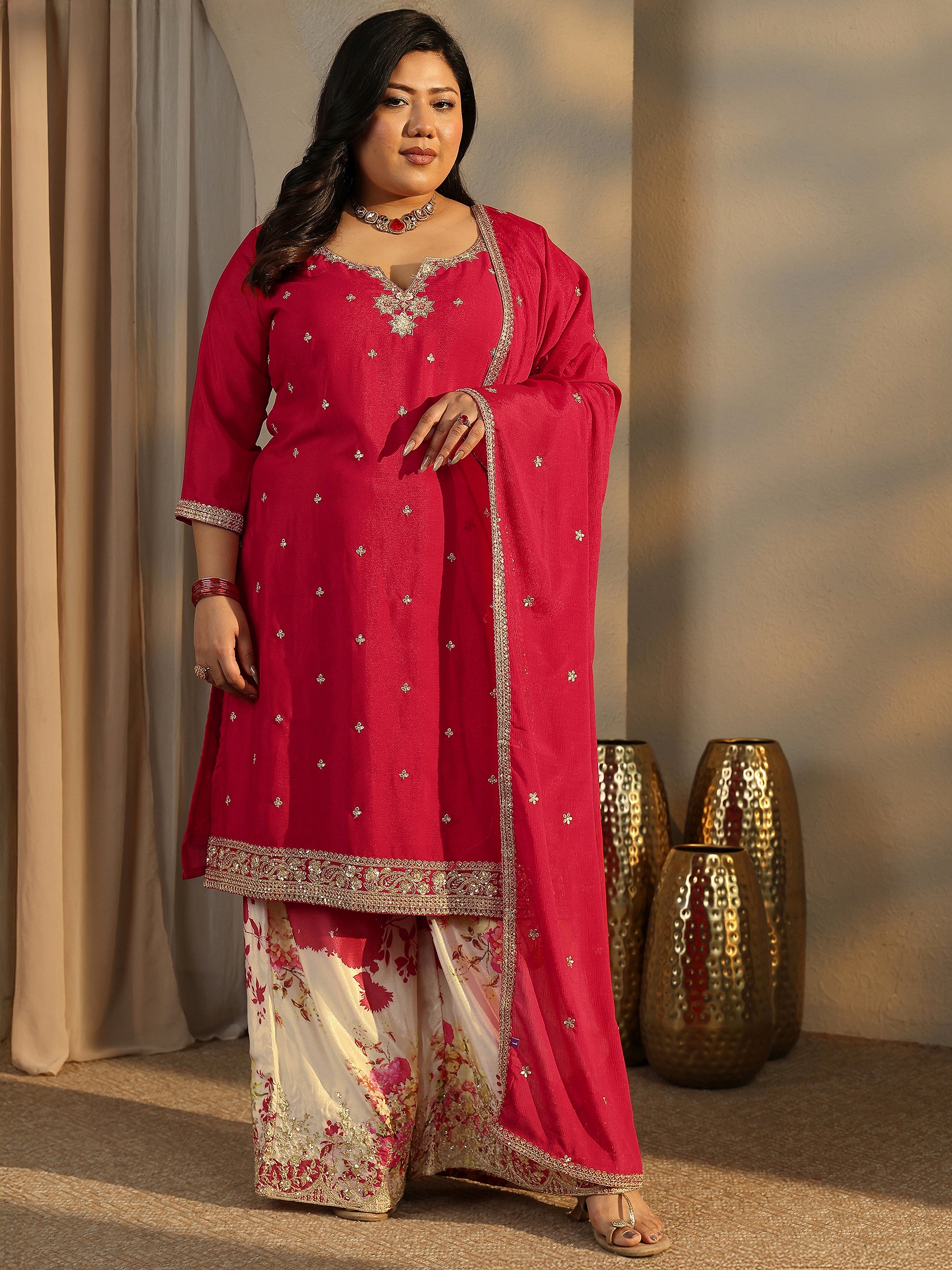 Plus Size Red Embroidered Chinon Straight Suit Set With Dupatta-image-24