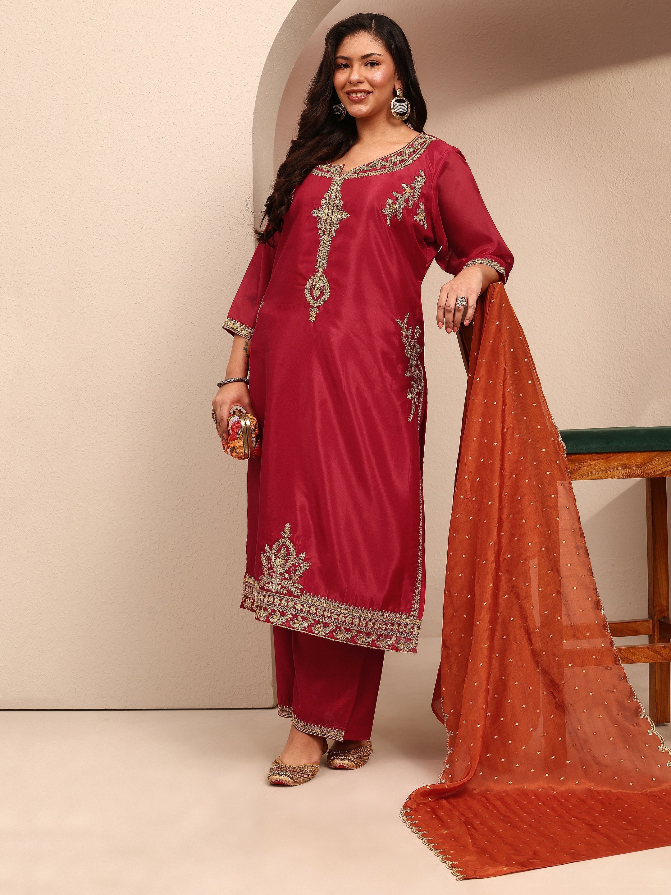 Plus Size Red Embroidered Plus Size Clothing Organza Straight Suit Set With Dupatta-image-23