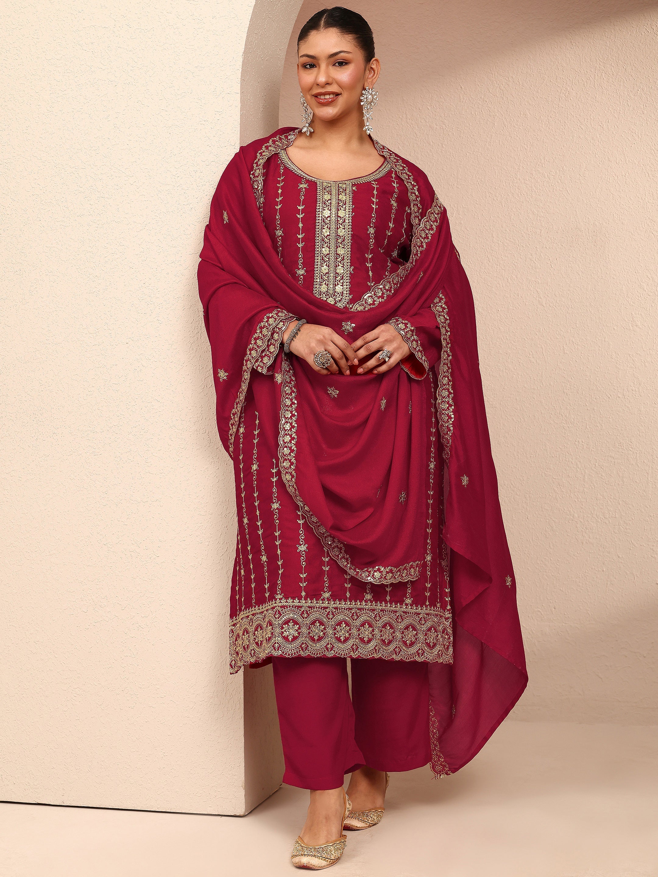 libas Plus Size Red Embroidered Plus Size Clothing Silk Blend Straight Suit Set With Dupatta-picture-35