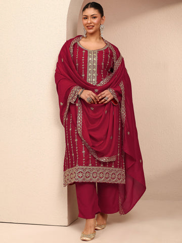 Plus Size Red Embroidered Plus Size Clothing Silk Blend Straight Suit Set With Dupatta