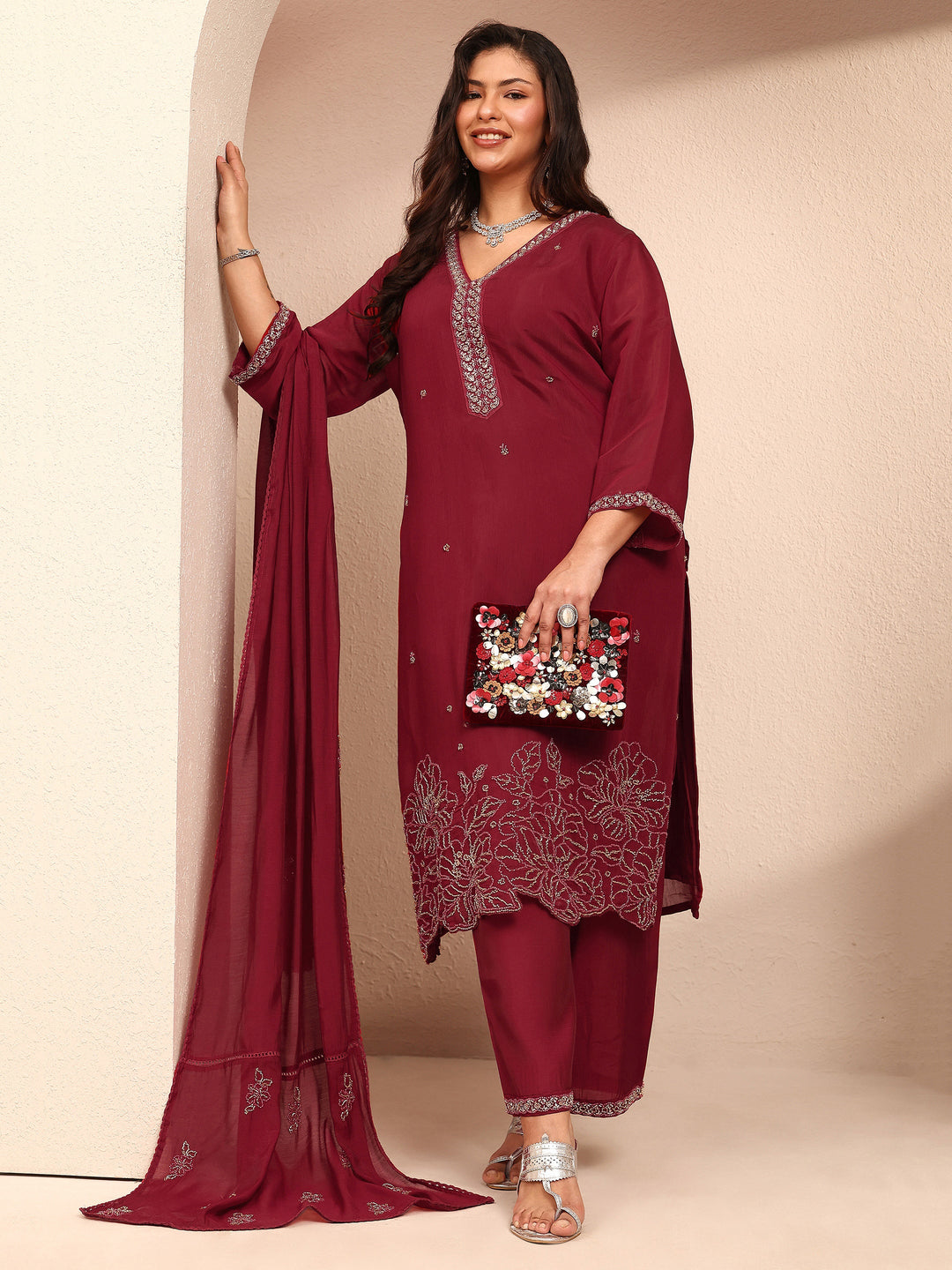 Plus Size Red Embroidered Plus Size Clothing Silk Blend Straight Suit Set With Dupatta