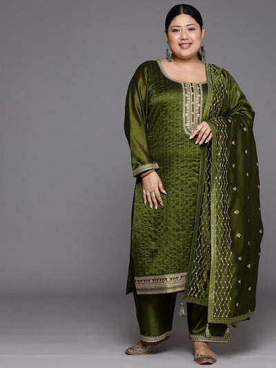 Plus Size Olive Embroidered Silk Blend Straight Suit Set - Libas