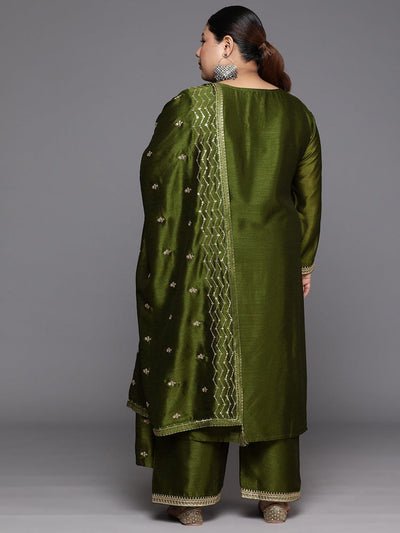 Plus Size Olive Embroidered Silk Blend Straight Suit Set - Libas