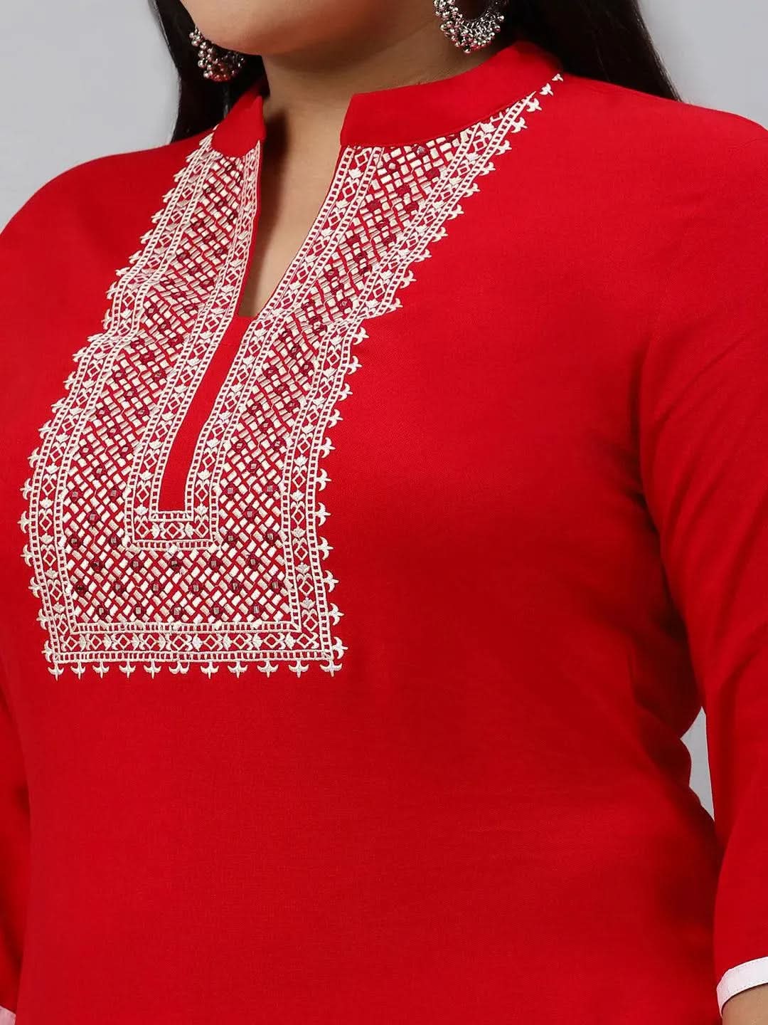 Plus Size Red Mirror Work Rayon Kurta - Libas 