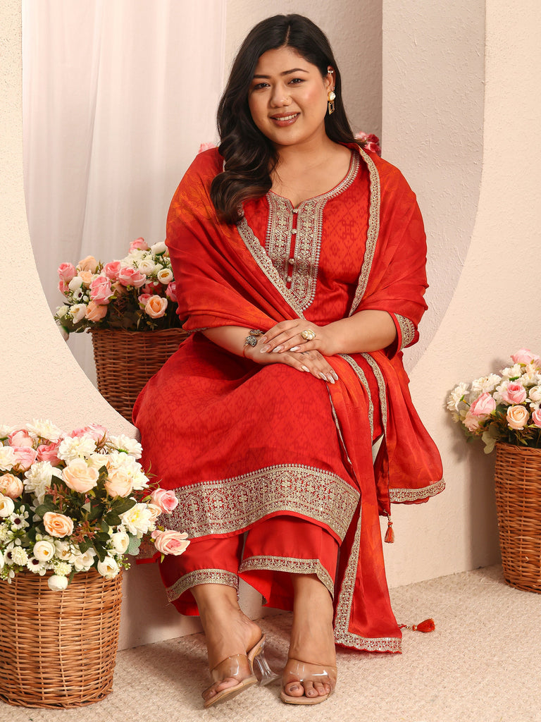 Plus Size Red Printed Chiffon Straight Suit Set With Dupatta
