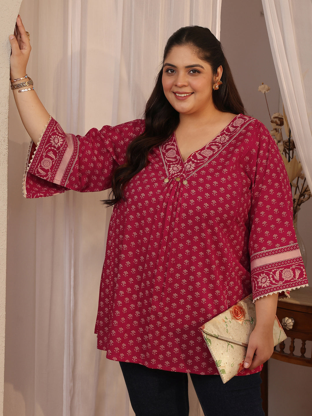 Plus Size Red Printed Cotton A-Line Short Kurti