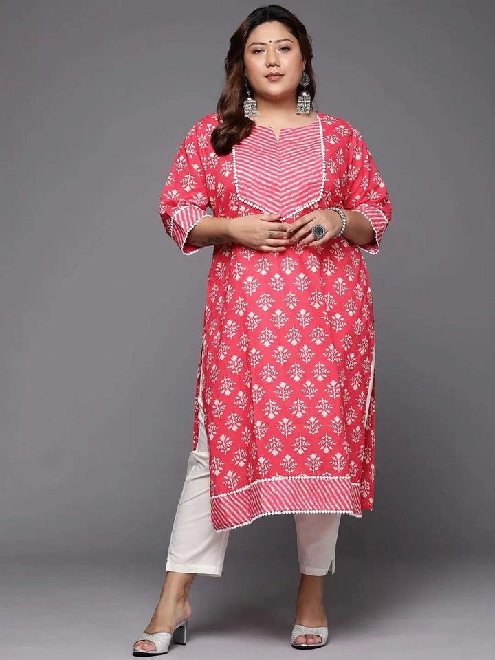 Plus Size Red Printed Cotton Straight Kurta - Libas