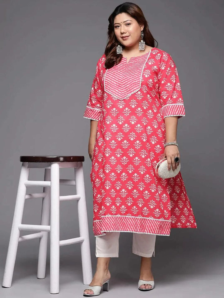 Plus Size Red Printed Cotton Straight Kurta - Libas