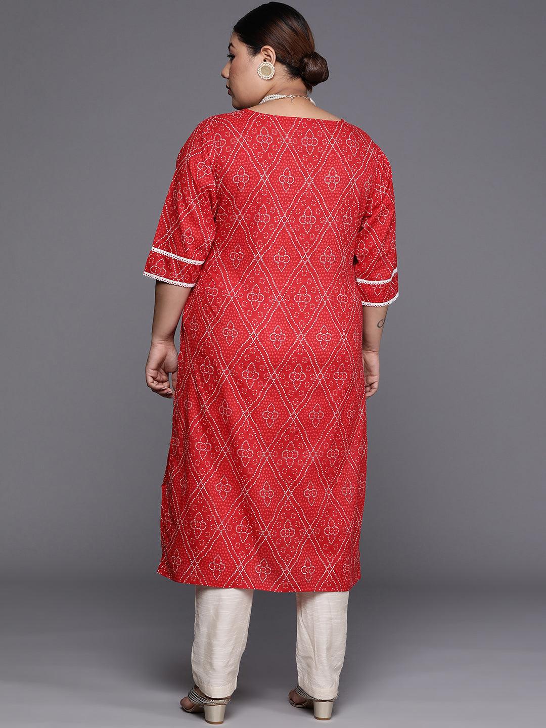 Plus Size Red Printed Cotton Straight Kurta - Libas
