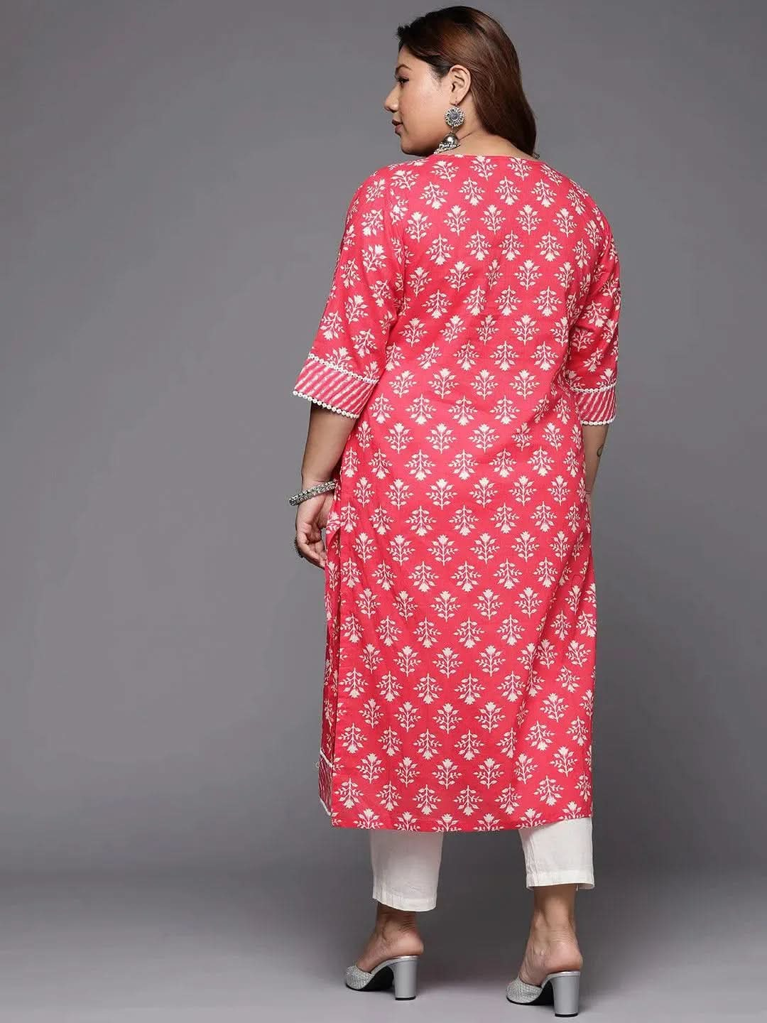 Plus Size Red Printed Cotton Straight Kurta - Libas