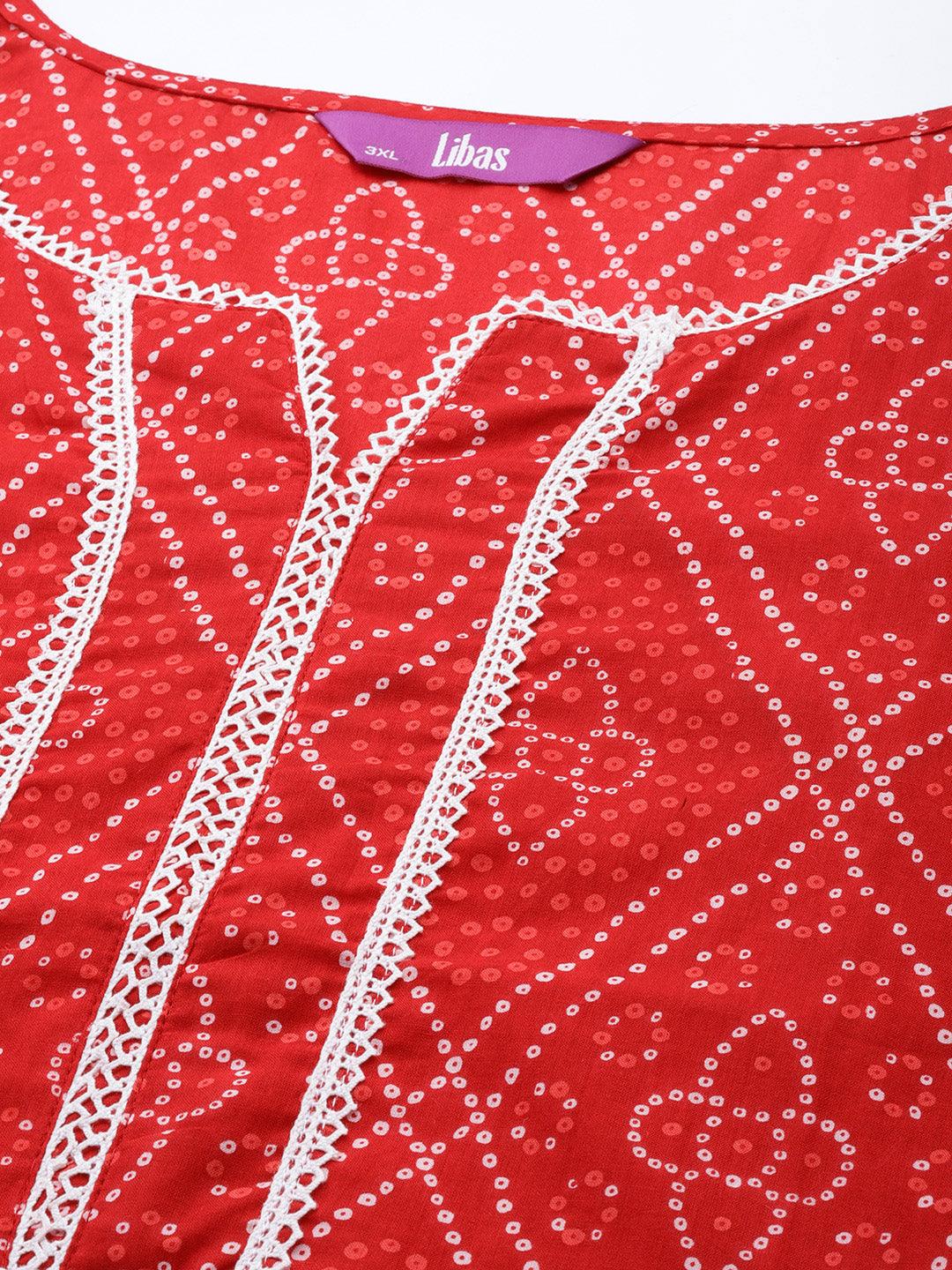 Plus Size Red Printed Cotton Straight Kurta - Libas