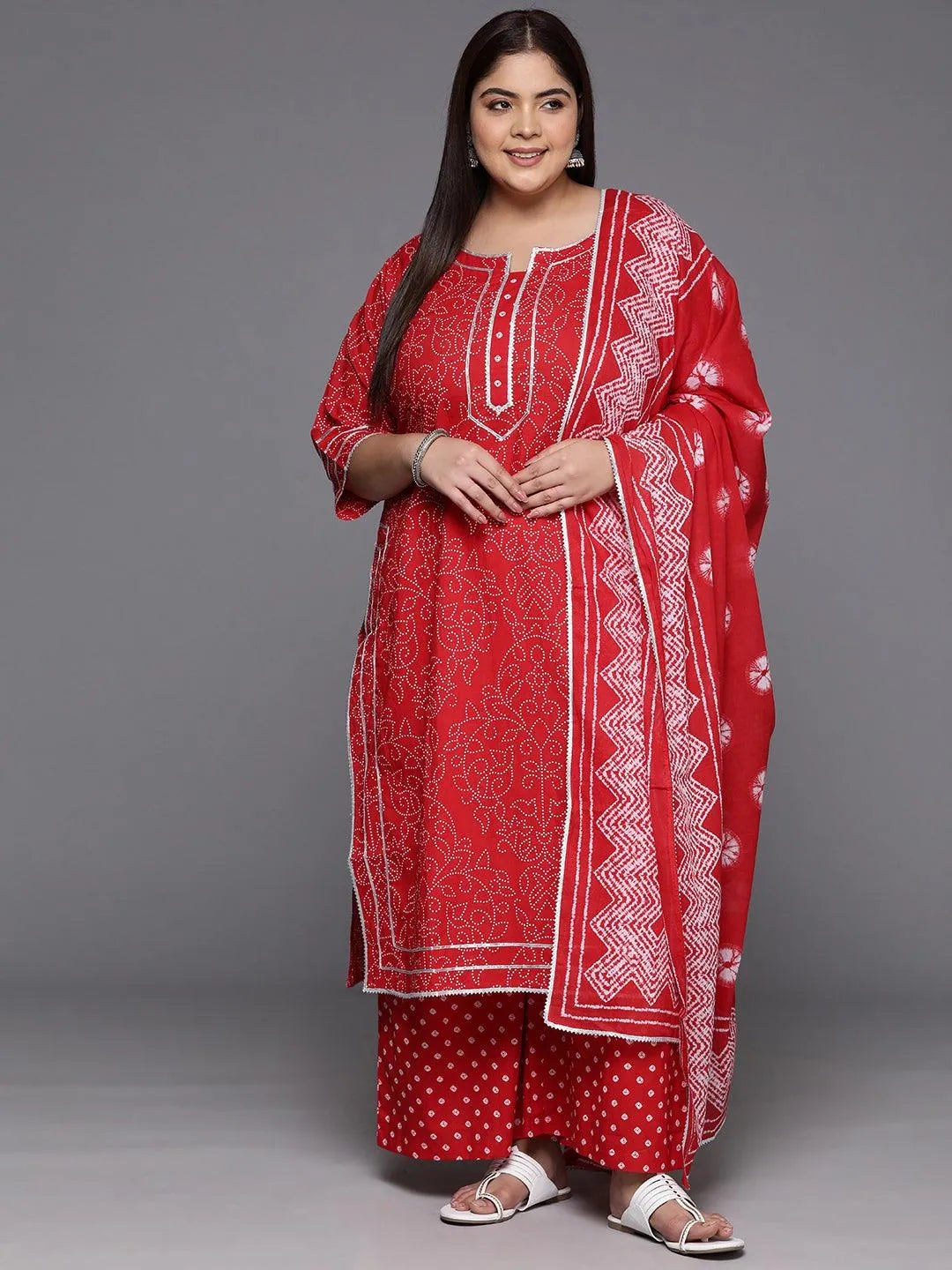 Plus Size Red Printed Cotton Straight Kurta With Palazzos & Dupatta - Libas