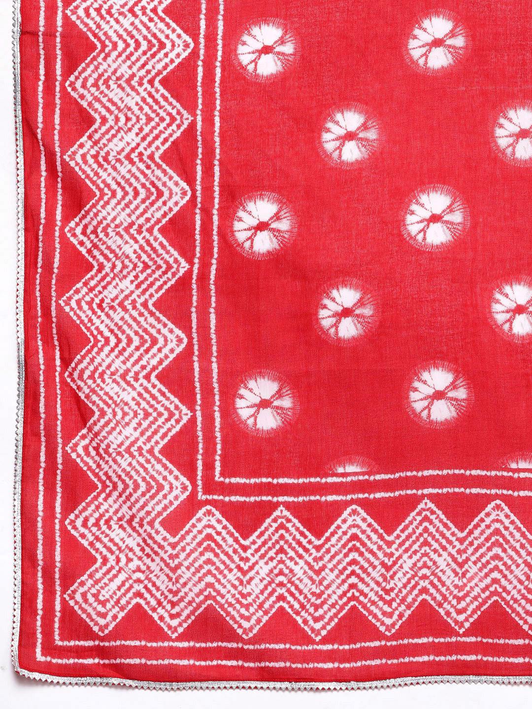Plus Size Red Printed Cotton Straight Kurta With Palazzos & Dupatta