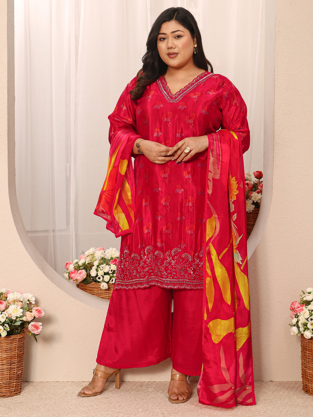 Plus Size Red Printed Crepe Straight Suit Set With Dupatta