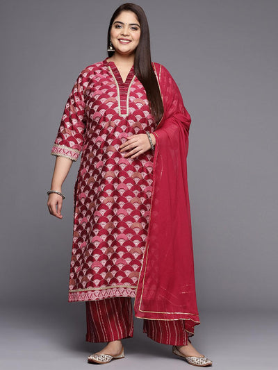 Plus Size Red Printed Silk Blend Straight Suit Set - Libas