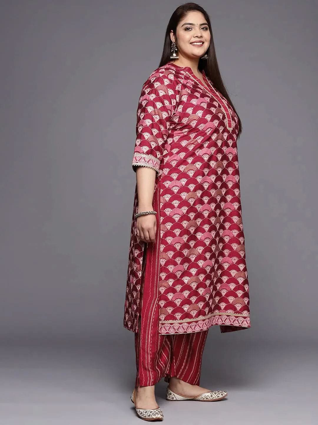 Plus Size Red Printed Silk Blend Straight Suit Set - Libas 