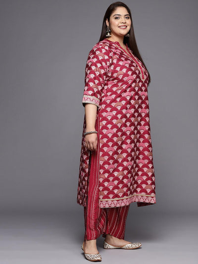 Plus Size Red Printed Silk Blend Straight Suit Set - Libas